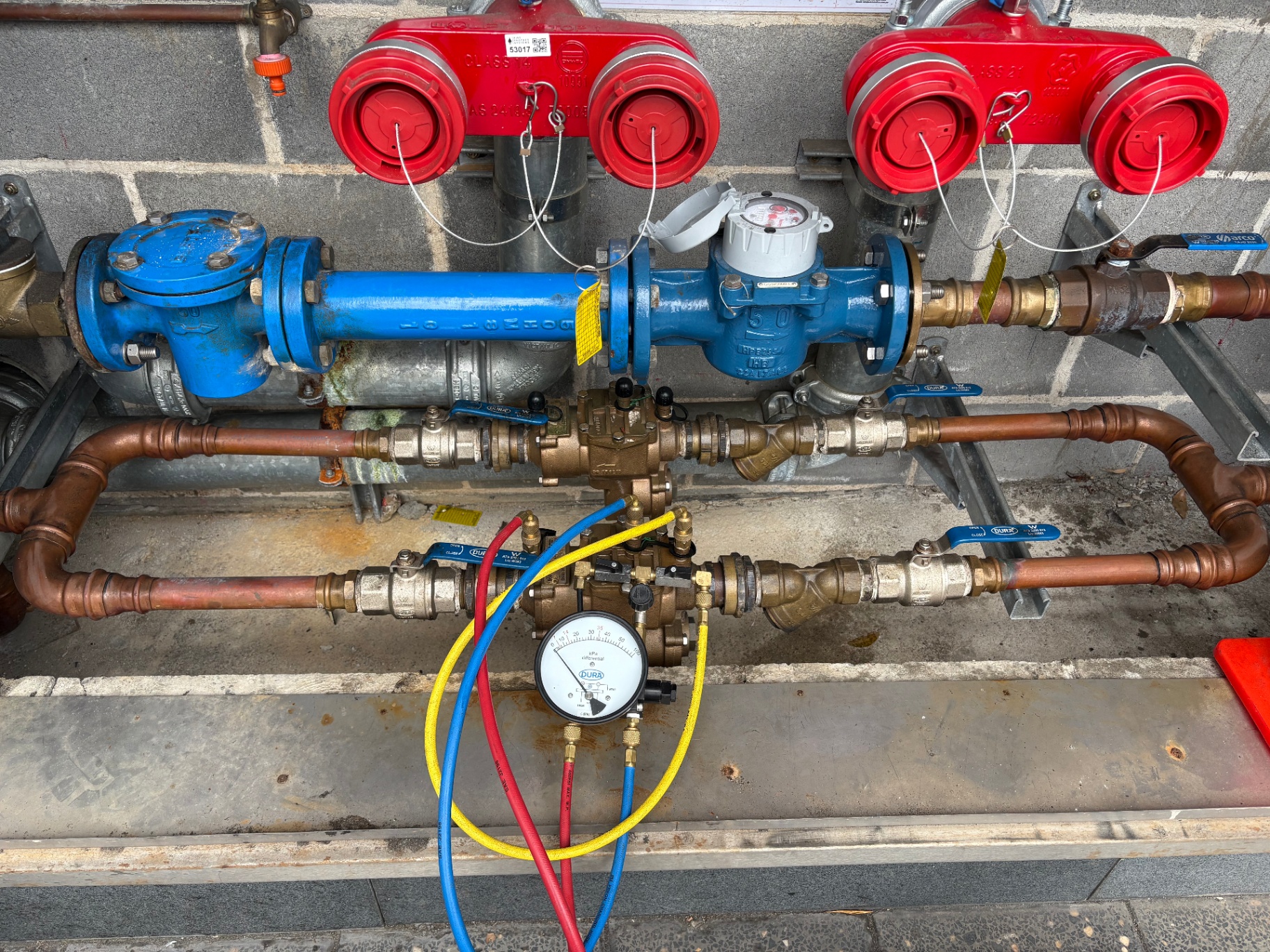 Licensed plumber inspecting commercial backflow equipment
